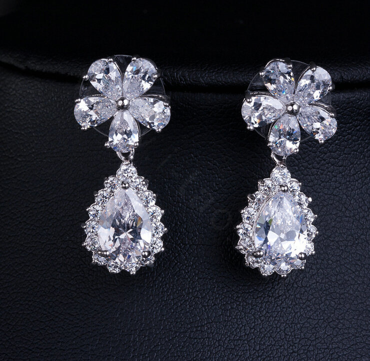 Simple Banquet Wedding Jewelry Sets Flower Water-drop Diamond Earrings & Bridal Zircon Necklace
