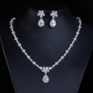 Simple Banquet Wedding Jewelry Sets Flower Water-drop Diamond Earrings & Bridal Zircon Necklace