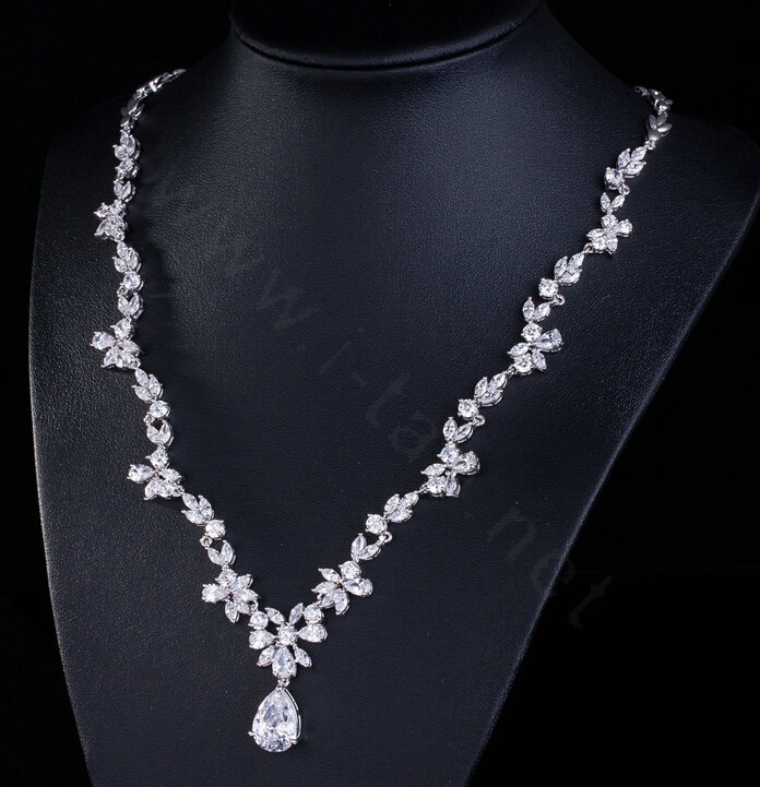 Simple Banquet Wedding Jewelry Sets Water-drop Flower Diamond Earrings & Bridal Zircon Necklace