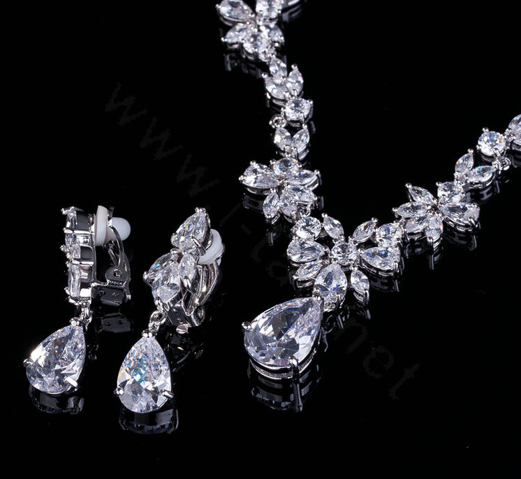 Simple Banquet Wedding Jewelry Sets Water-drop Flower Diamond Earrings & Bridal Zircon Necklace