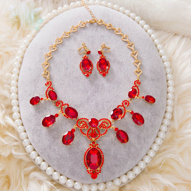 Simple Retro Wedding Jewelry Sets Red Crystal Earrings & Bridal Statement Necklace