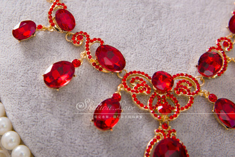 Simple Retro Wedding Jewelry Sets Red Crystal Earrings & Bridal Statement Necklace