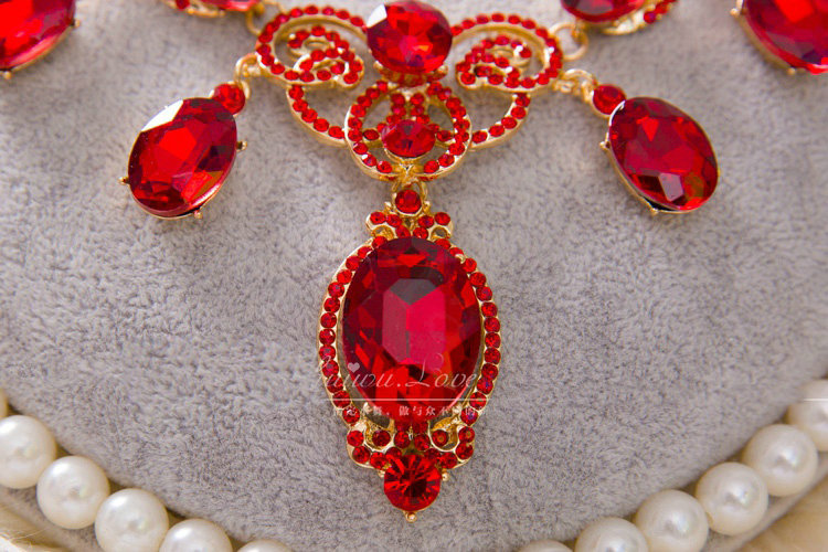 Simple Retro Wedding Jewelry Sets Red Crystal Earrings & Bridal Statement Necklace