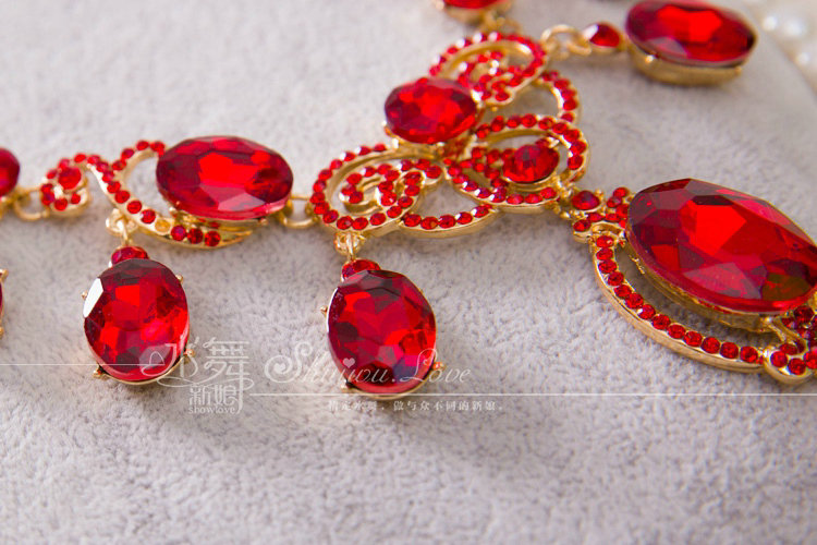 Simple Retro Wedding Jewelry Sets Red Crystal Earrings & Bridal Statement Necklace