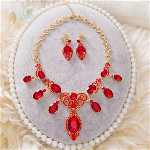 Simple Retro Wedding Jewelry Sets Red Crystal Earrings & Bridal Statement Necklace