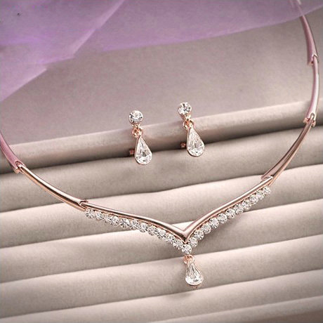 Simple Wedding Bridal Accessories Water drops Diamond Crystal Necklace Earrings Sets
