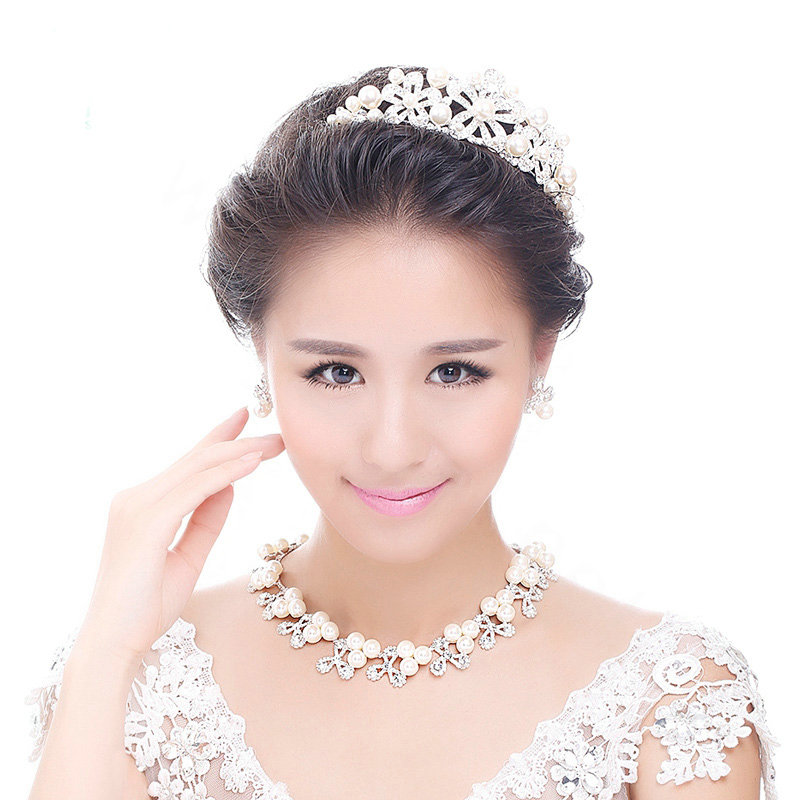 Simple Wedding Jewelry Sets Pearl Flower Crystal Tiara & Earrings & Bridal Rhinestone Necklace