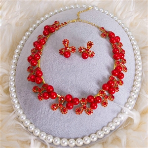 Simple Wedding Jewelry Sets Red Pearl Flower Crystal Earrings & Bridal Rhinestone Necklace
