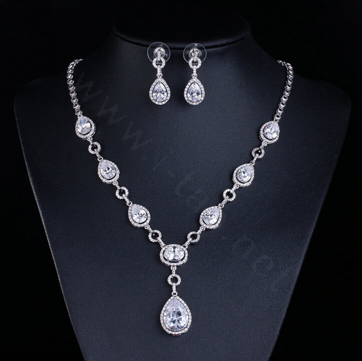 Top quality Banquet Wedding Jewelry Sets Water-drop Diamond Earrings & Bridal Zircon Necklace