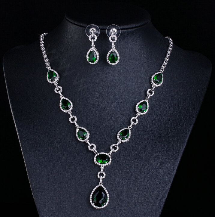 Top quality Banquet Wedding Jewelry Sets Water-drop Green Diamond Earrings & Bridal Zircon Necklace