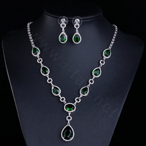 Top quality Banquet Wedding Jewelry Sets Water-drop Green Diamond Earrings & Bridal Zircon Necklace