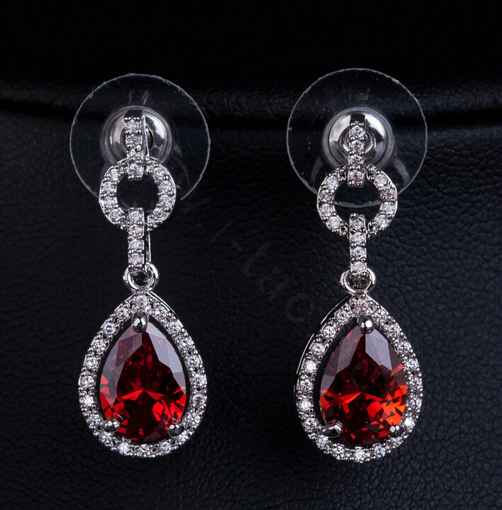 Top quality Banquet Wedding Jewelry Sets Water-drop Red Diamond Earrings & Bridal Zircon Necklace