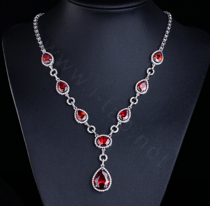 Top quality Banquet Wedding Jewelry Sets Water-drop Red Diamond Earrings & Bridal Zircon Necklace