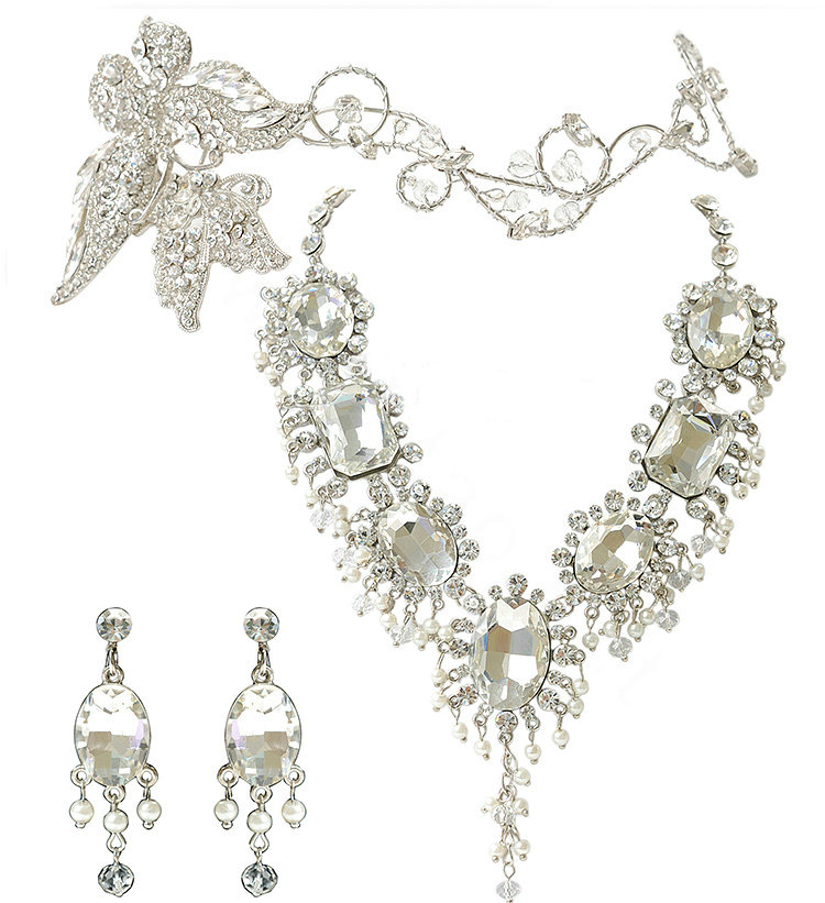 Unique Fashion Wedding Jewelry Sets Crystal Butterfly Tiara & Earrings & Bridal Rhinestone Necklace
