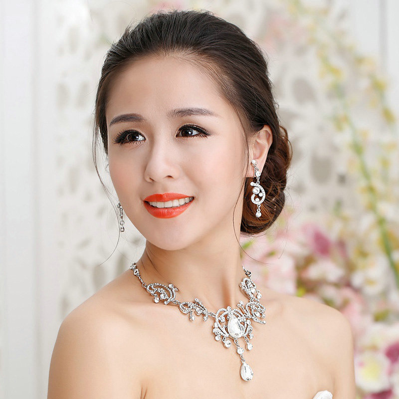 Unique Fashion Wedding Jewelry Sets Crystal Flower Earrings & Bridal Tassel Rhinestone Necklace