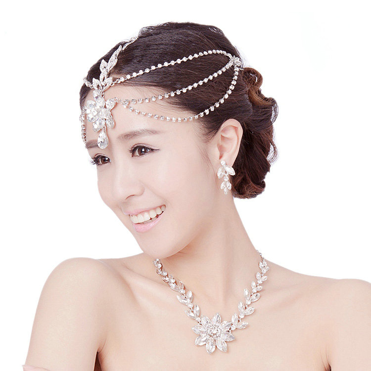 Unique Wedding Jewelry Sets Flower Crystal Headdress Tiara & Earrings & Bridal Rhinestone Necklace