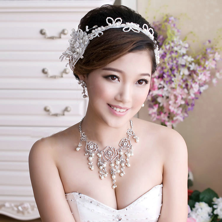 Unique Wedding Jewelry Sets Pearl Flower Crystal Lace Headdress & Earrings & Bridal Rhinestone Necklace