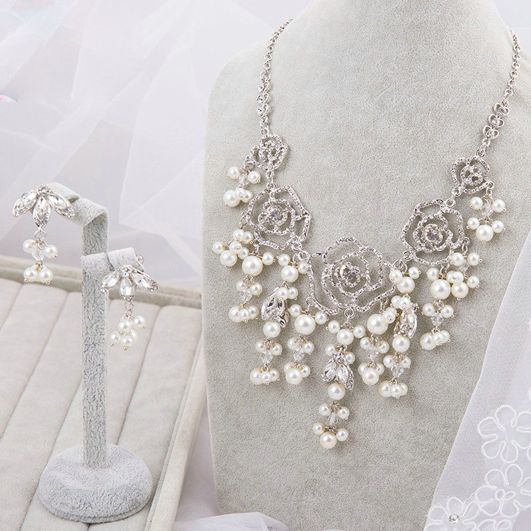 Unique Wedding Jewelry Sets Pearl Flower Crystal Lace Headdress & Earrings & Bridal Rhinestone Necklace