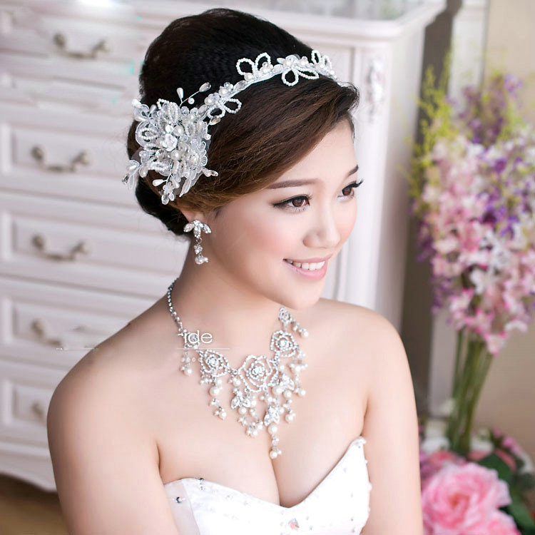 Unique Wedding Jewelry Sets Pearl Flower Crystal Lace Headdress & Earrings & Bridal Rhinestone Necklace