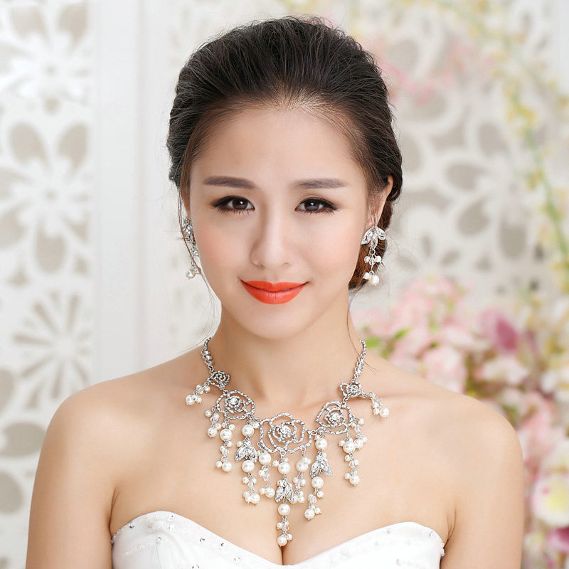 Unique Wedding Jewelry Sets Pearl Flower Crystal Lace Headdress & Earrings & Bridal Rhinestone Necklace