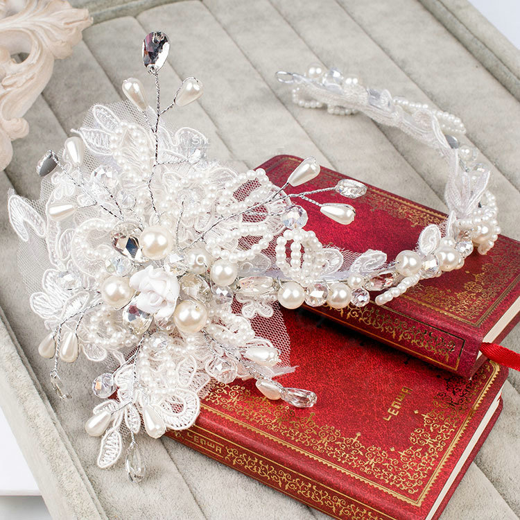 Unique Wedding Jewelry Sets Pearl Flower Crystal Lace Headdress & Earrings & Bridal Rhinestone Necklace