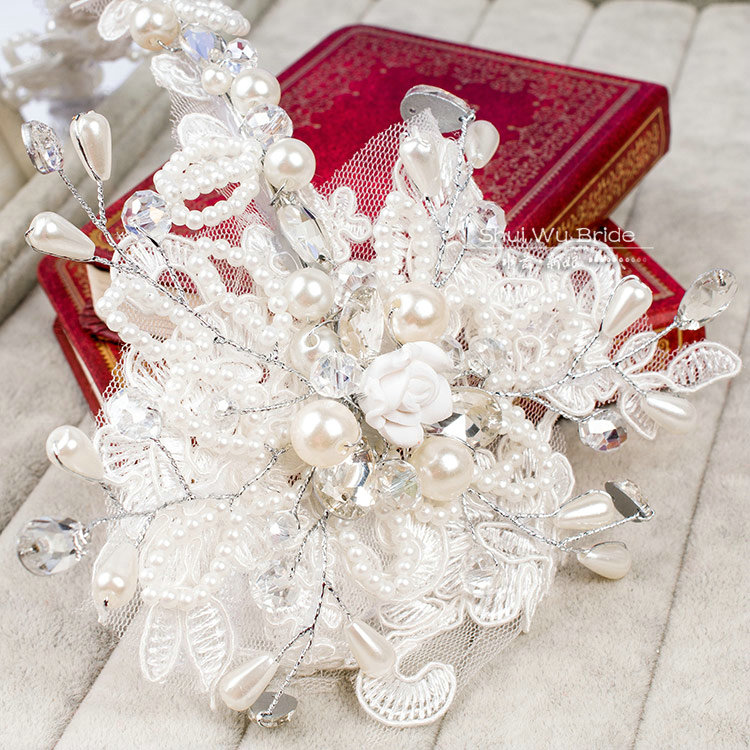 Unique Wedding Jewelry Sets Pearl Flower Crystal Lace Headdress & Earrings & Bridal Rhinestone Necklace