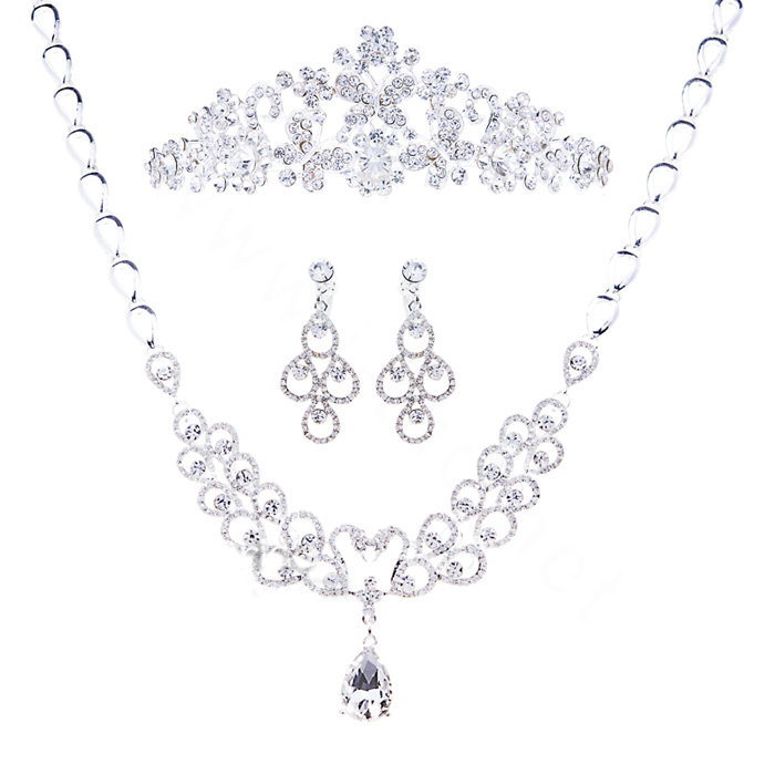 Unique Wedding Jewelry Sets Swan Flower Crystal Tiara & Earrings & Bridal Rhinestone Necklace