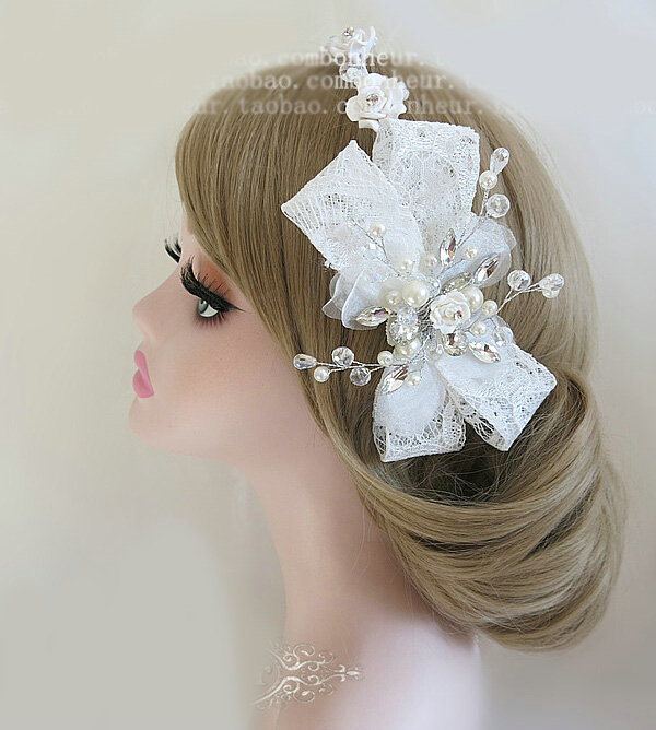 Vintage Bowknot Crystal Bridal Hairwear Lace Flower Hair Headband Jewelry Wedding Bride Hair Accessories