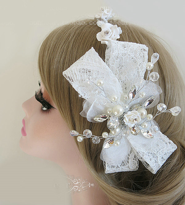 Vintage Bowknot Crystal Bridal Hairwear Lace Flower Hair Headband Jewelry Wedding Bride Hair Accessories