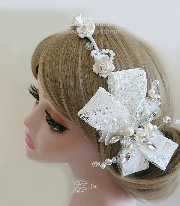 Vintage Bowknot Crystal Bridal Hairwear Lace Flower Hair Headband Jewelry Wedding Bride Hair Accessories