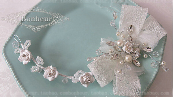 Vintage Bowknot Crystal Bridal Hairwear Lace Flower Hair Headband Jewelry Wedding Bride Hair Accessories
