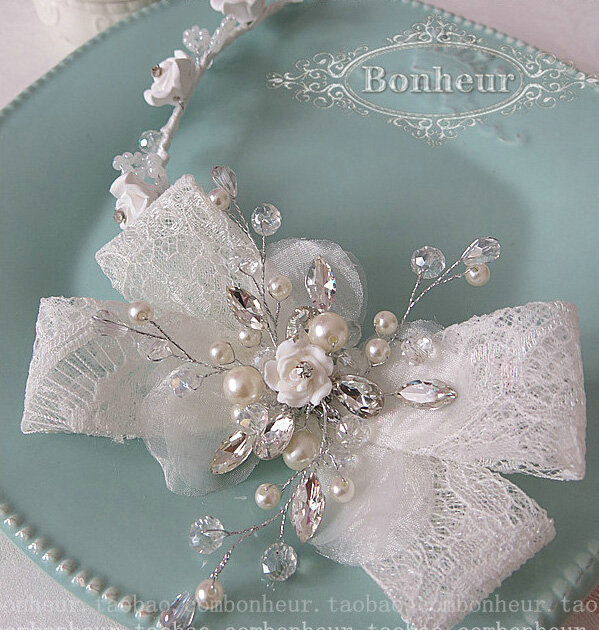 Vintage Bowknot Crystal Bridal Hairwear Lace Flower Hair Headband Jewelry Wedding Bride Hair Accessories