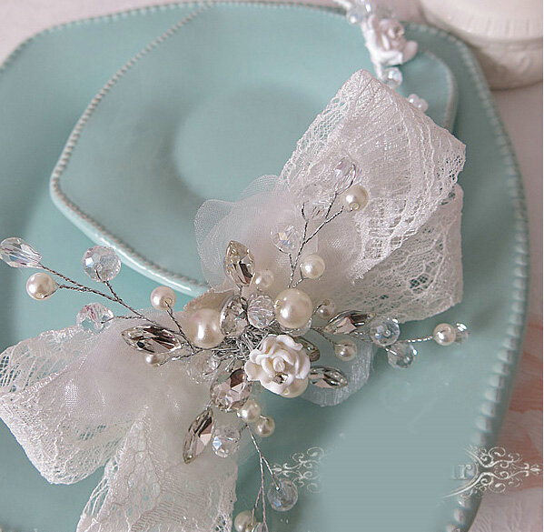 Vintage Bowknot Crystal Bridal Hairwear Lace Flower Hair Headband Jewelry Wedding Bride Hair Accessories