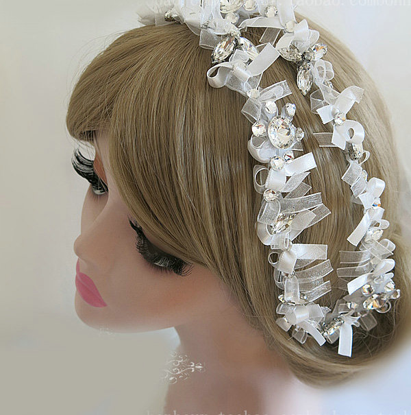 Vintage Lace Bowknot Crystal Garland Bridal Hairwear Hair Headband Wedding Hair Accessories