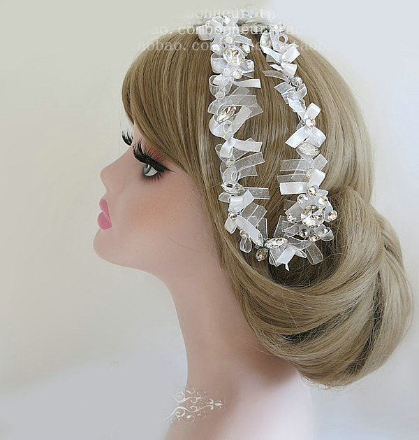 Vintage Lace Bowknot Crystal Garland Bridal Hairwear Hair Headband Wedding Hair Accessories