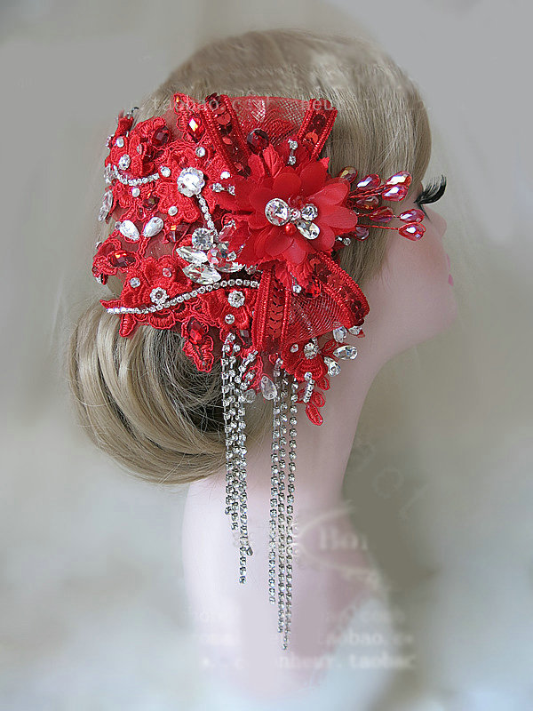 Vintage Tassel Crystal Bridal Hairwear Red Lace Flower Hair Headband Wedding Hair Accessories