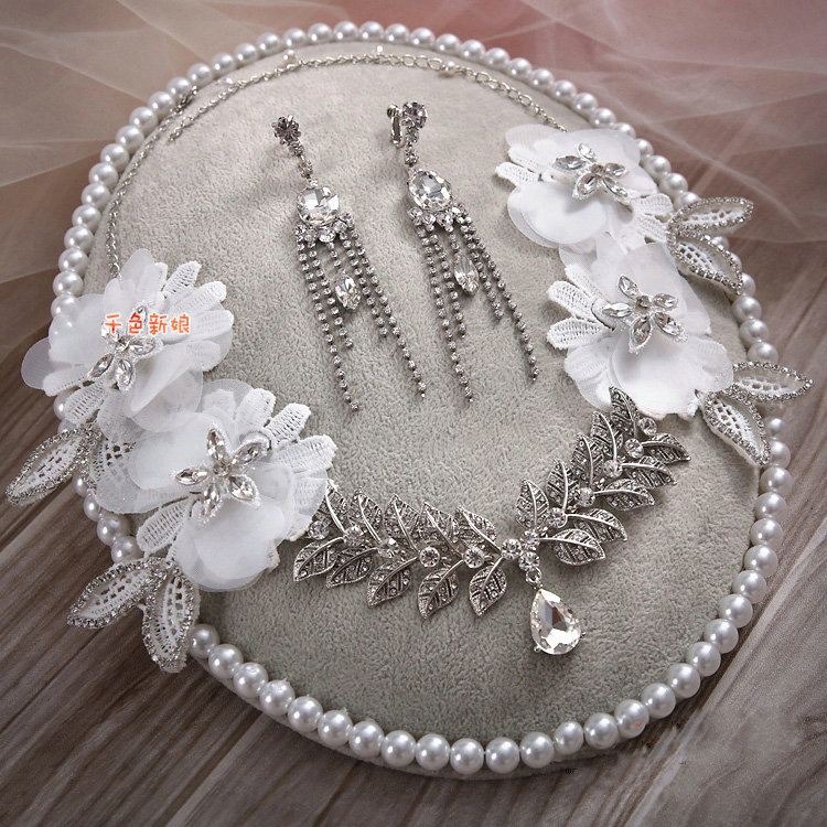 Elegant Alloy Rhinestone Crystal Lace Flower Headband Tassel Earrings Set Bridal Wedding