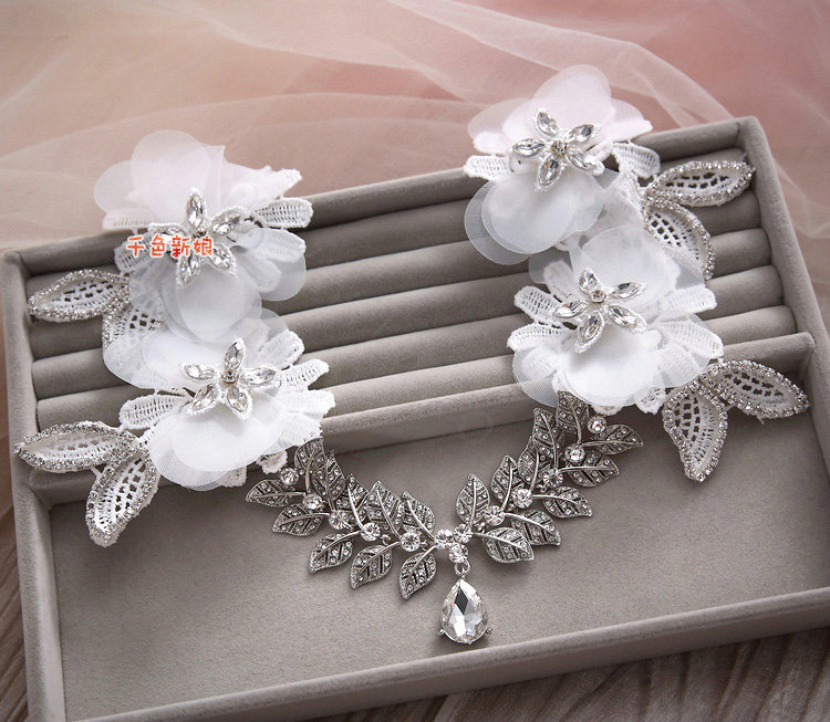 Elegant Alloy Rhinestone Crystal Lace Flower Headband Tassel Earrings Set Bridal Wedding