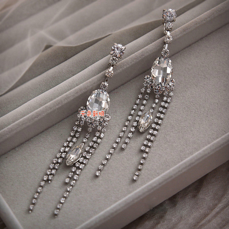 Elegant Alloy Rhinestone Crystal Lace Flower Headband Tassel Earrings Set Bridal Wedding