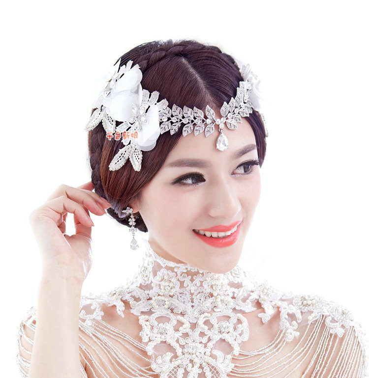 Elegant Alloy Rhinestone Crystal Lace Flower Headband Tassel Earrings Set Bridal Wedding
