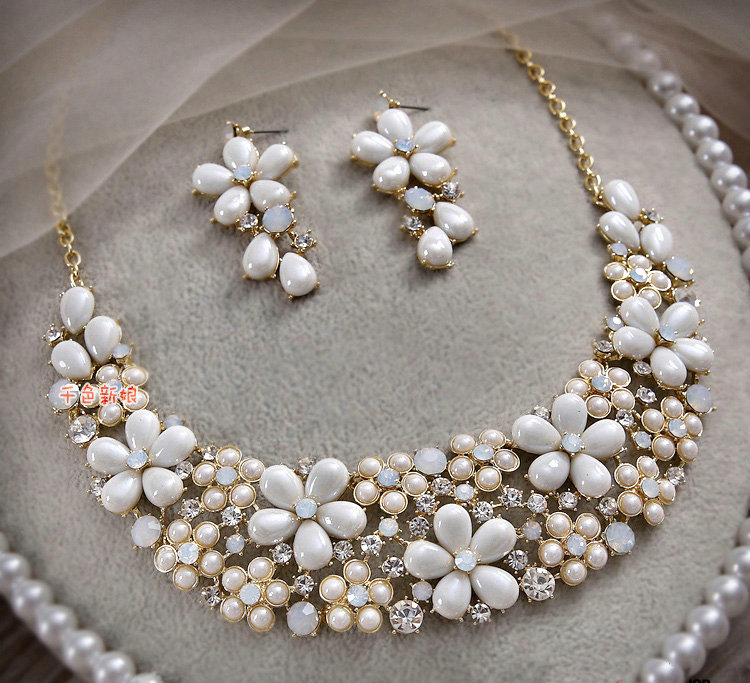 Elegant Bridal Wedding Flower Alloy Rhinestone Pearl Crystal Necklace Earrings Jewellery Sets