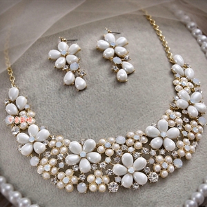 Elegant Bridal Wedding Flower Alloy Rhinestone Pearl Crystal Necklace Earrings Jewellery Sets