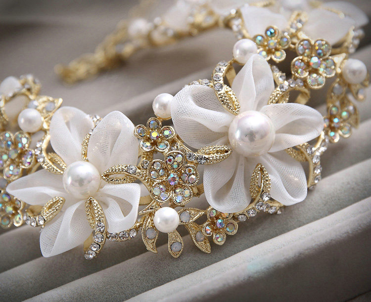 Elegant Bridal Wedding Lace Flower Alloy Rhinestone Pearl Crystal Necklace Earrings Jewellery Sets