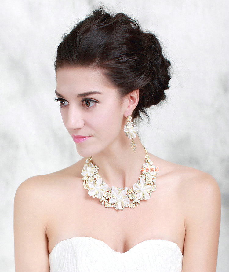 Elegant Bridal Wedding Lace Flower Alloy Rhinestone Pearl Crystal Necklace Earrings Jewellery Sets