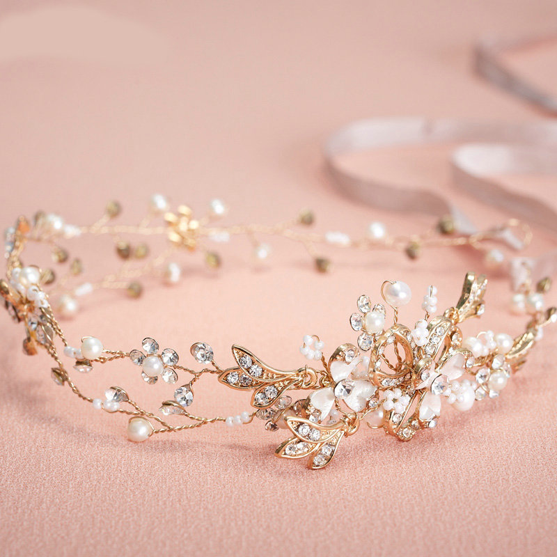 Elegant Bridal Wedding Rhinestone Alloy Pearl Lily Crystal Bride Headband Hair Hoop Accessories