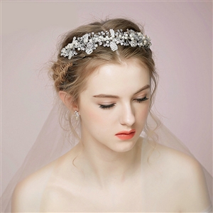 Elegant Bridal Wedding Rhinestone Alloy Pearl Snowflake Crystal Bride Headband Hair Hoop Accessories