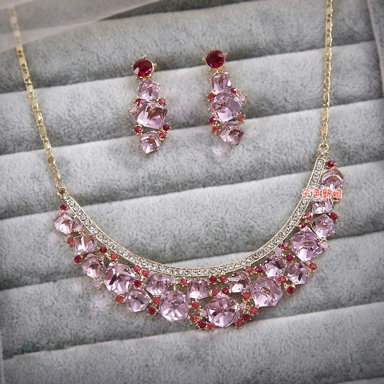 Elegant Bride Wedding Alloy Square Pink Rhinestone Crystal Necklace Earrings Set Bridal Party Gift