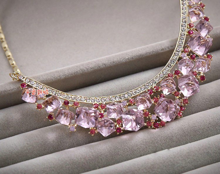 Elegant Bride Wedding Alloy Square Pink Rhinestone Crystal Necklace Earrings Set Bridal Party Gift