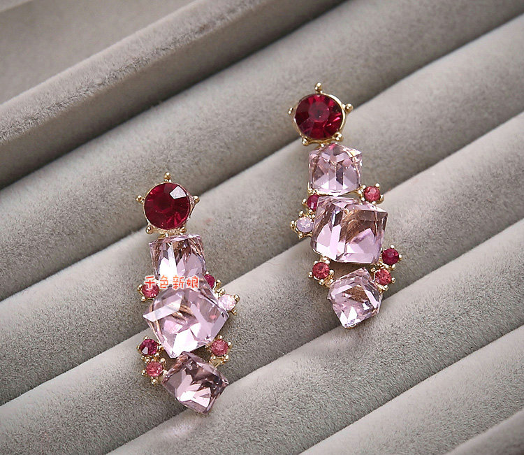 Elegant Bride Wedding Alloy Square Pink Rhinestone Crystal Necklace Earrings Set Bridal Party Gift
