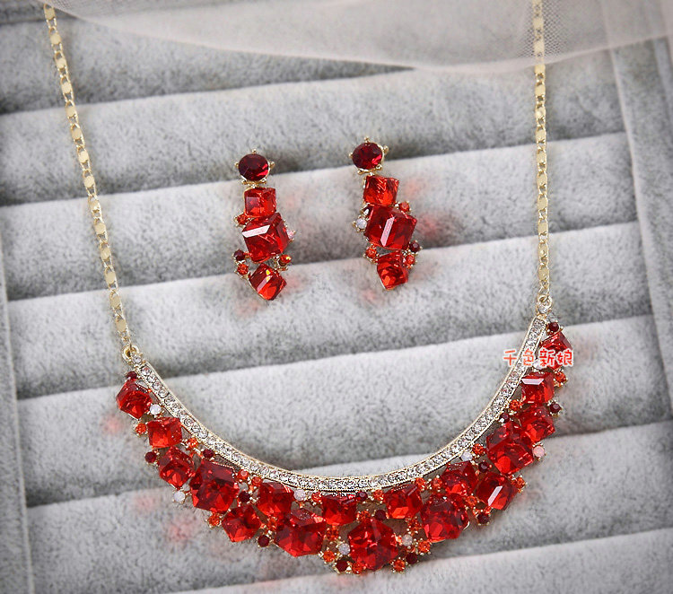 Elegant Bride Wedding Alloy Square Red Rhinestone Crystal Necklace Earrings Set Bridal Party Gift
